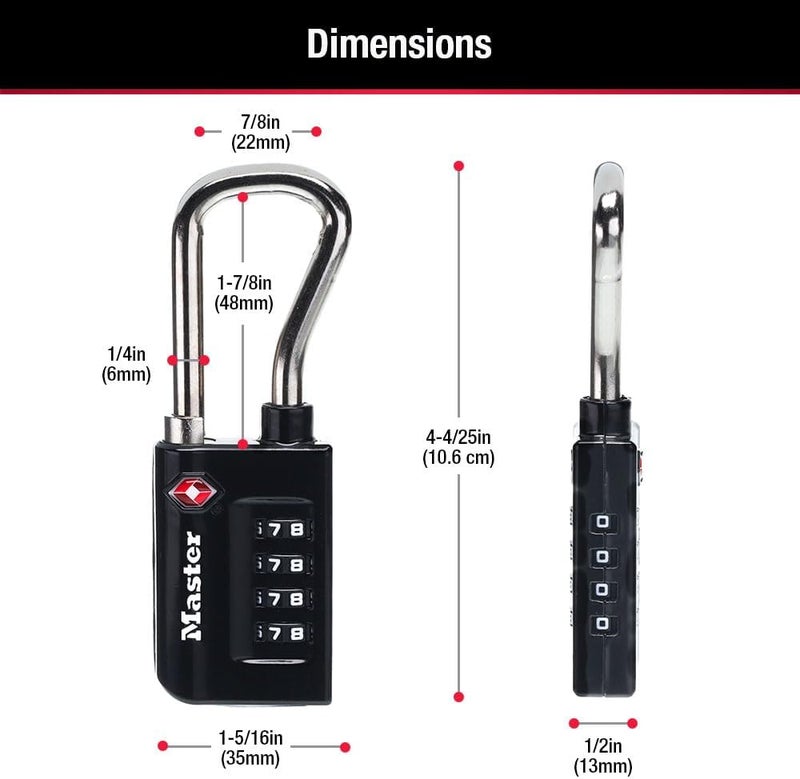 MasterLock Padlock, Set Your Own Combination TSA Accepted Luggage Lock, 1-5/16 in. Wide, Black, 4 pk, 4696EC4 (Pack of 10) - Image 5