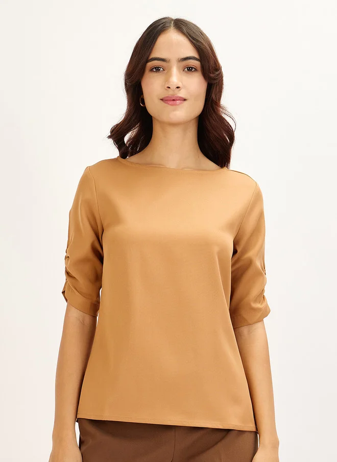 سولت اتاير SALT ATTIRE Brown Round Neck Top with Three-Quarter Sleeves