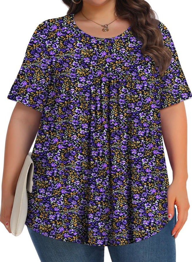 Tencede Womens Plus Size Tops Tunic Short Sleeve Crew Neck Shirts Casual Soft Blouse 1X-5X, Cercis Chinensis, 3XL - Image 3