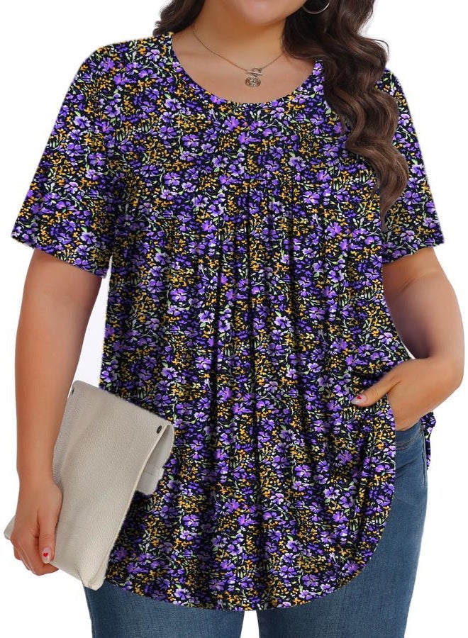 Tencede Womens Plus Size Tops Tunic Short Sleeve Crew Neck Shirts Casual Soft Blouse 1X-5X, Cercis Chinensis, 3XL - Image 1