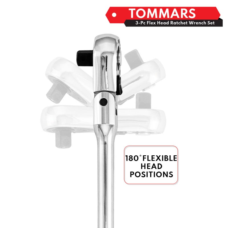 TOMMARS Flex-Head Stubby Ratchet Set, 1/4", 3/8", 1/2" Drive Flexible Mini Small Ratchet Handle Wrench 72-Tooth Quick-Release Reversible Gift for Men Mechanic Hand Tools - Image 3