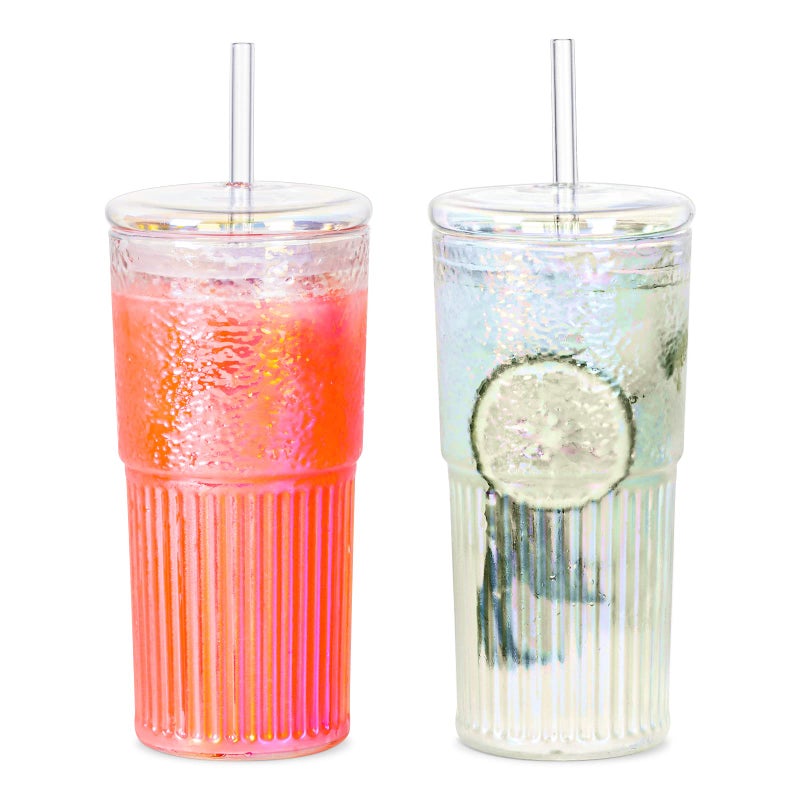 QWEZXO Colorful High Borosilicate Glass Cups With Lids and Glass Straws20 OZ Rainbow Iced Coffee Water Tumbler Smoothie
