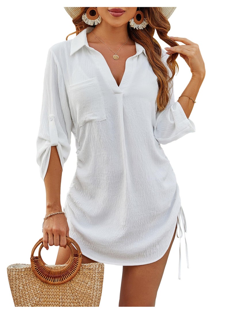 SYOSI Womens Casual Bathing Suit Cover Ups, V Neck Bikini Swimsuit Coverup, Drawstring Button Down Summer Beach Dress Shirt - Image 1