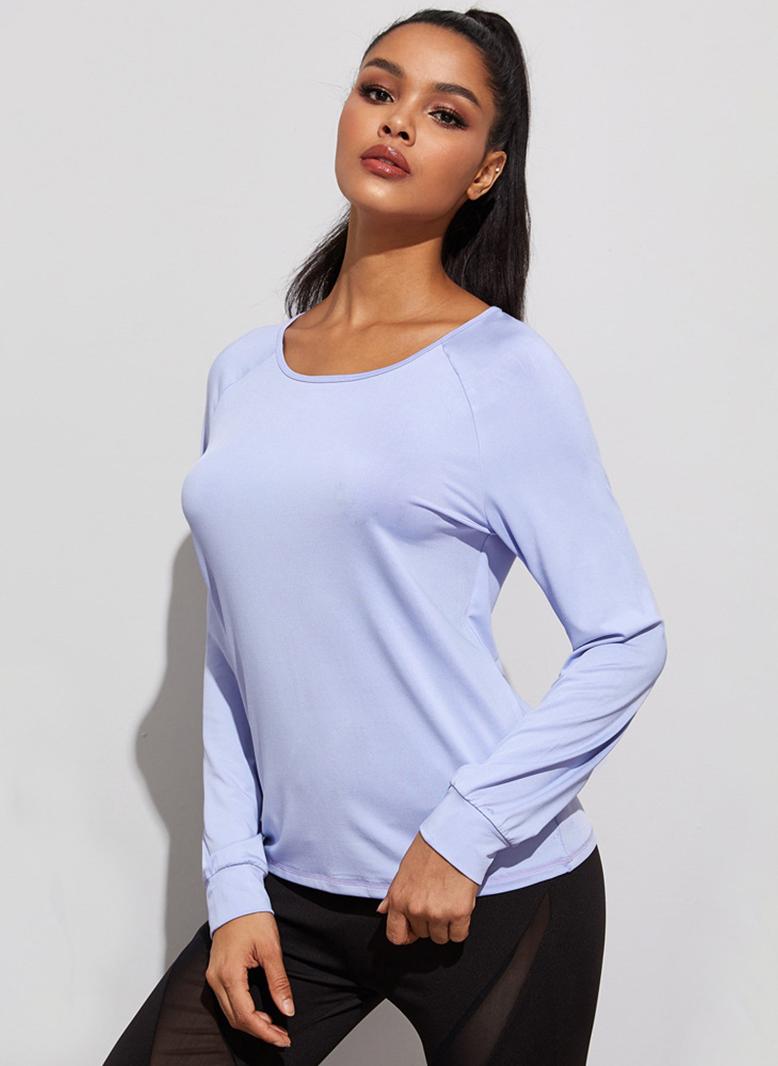 Female Sports Round neck Solid color Basic fitness T-shirt Light purple - Image 1