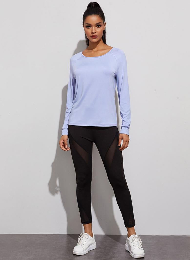 Female Sports Round neck Solid color Basic fitness T-shirt Light purple - Image 5