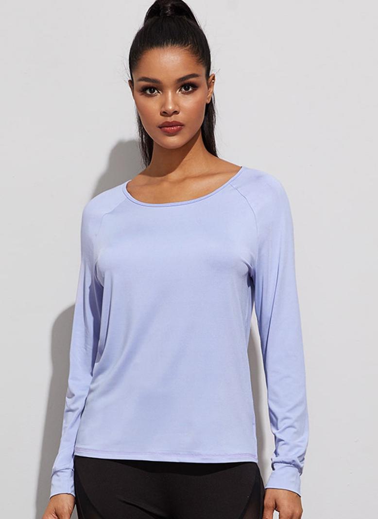 Female Sports Round neck Solid color Basic fitness T-shirt Light purple - Image 4