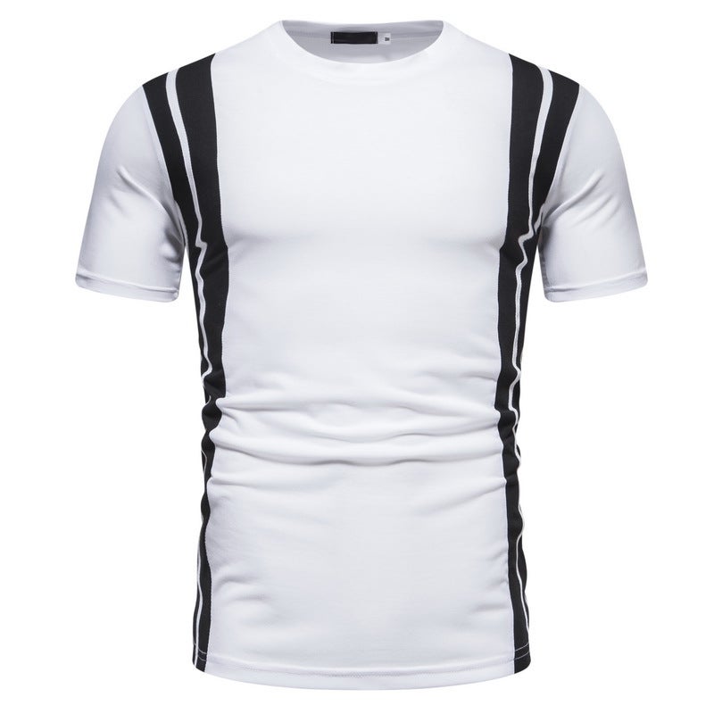 2023 Cross-border Foreign Trade New Men's Casual Fashion Short-sleeved T-shirt Black and White Stripe Stitching Round Neck Short-sleeved T-shirt - Image 4