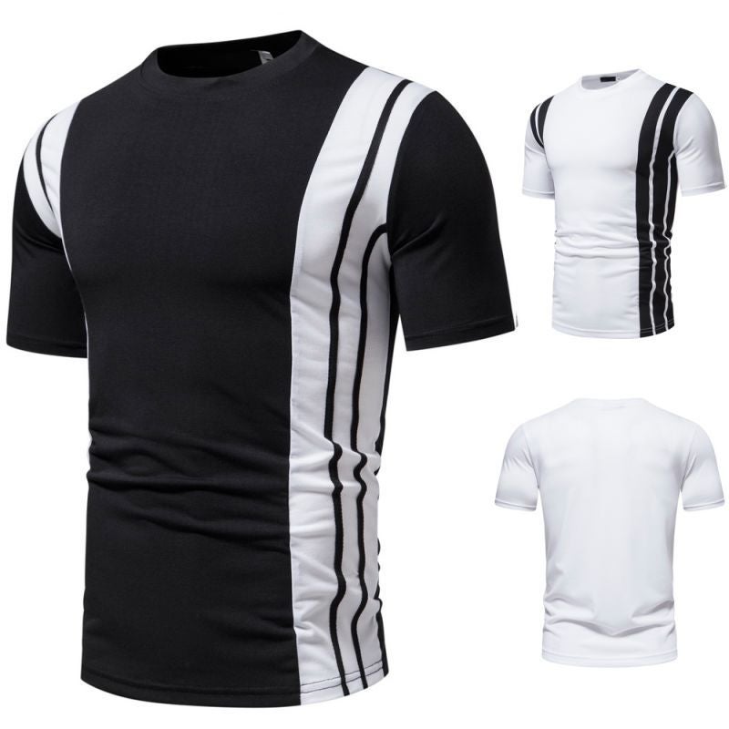 2023 Cross-border Foreign Trade New Men's Casual Fashion Short-sleeved T-shirt Black and White Stripe Stitching Round Neck Short-sleeved T-shirt - Image 3