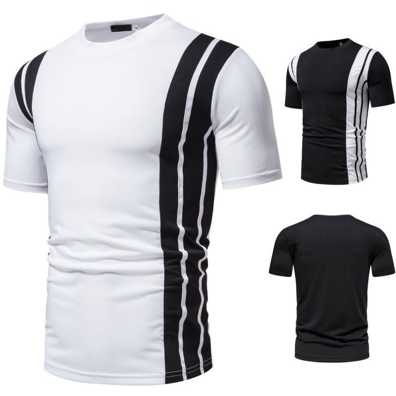 2023 Cross-border Foreign Trade New Men's Casual Fashion Short-sleeved T-shirt Black and White Stripe Stitching Round Neck Short-sleeved T-shirt - Image 2