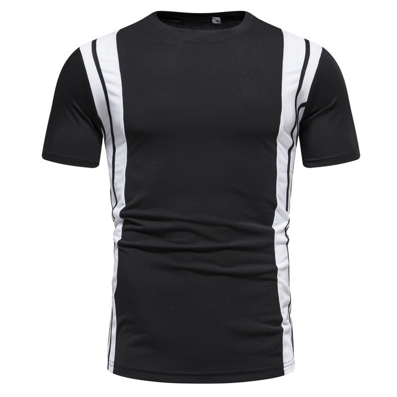 2023 Cross-border Foreign Trade New Men's Casual Fashion Short-sleeved T-shirt Black and White Stripe Stitching Round Neck Short-sleeved T-shirt - Image 5