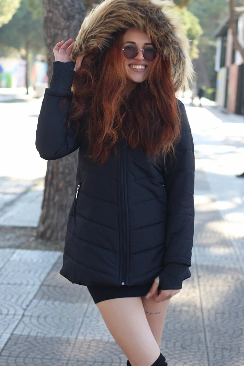 Barbora Winter Women's Puffer Coat with Gloves and Fur Hood TR121BLACK33  - Image 2