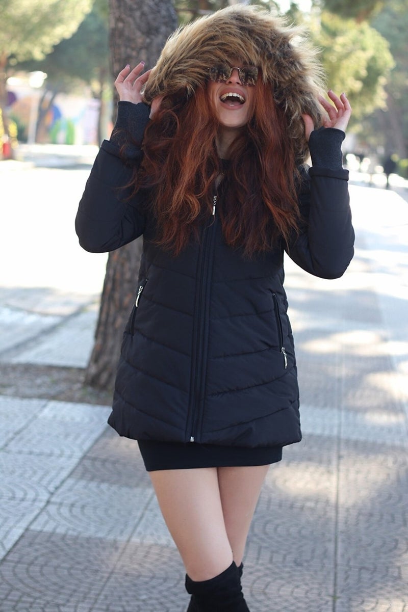 Barbora Winter Women's Puffer Coat with Gloves and Fur Hood TR121BLACK33  - Image 3