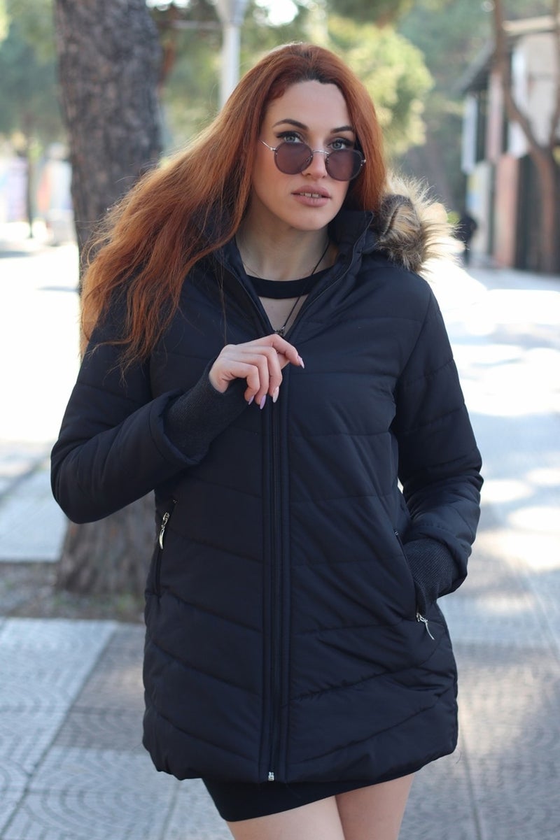 Barbora Winter Women's Puffer Coat with Gloves and Fur Hood TR121BLACK33  - Image 5