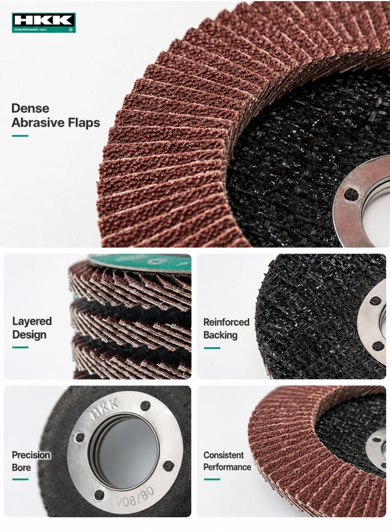 ح ك ك طقم أقراص صنفرة مروحية (Flap Disc) مكون من 20 قطعة، مقاس 4.5 بوصة (115 مم) من أكسيد الألومنيوم، بفتحة مركزية 7/8 بوصة (22 مم)، سرعة دوران 13,300 دورة في الدقيقة، مخصصة لجلي المعادن وإزالة النتوءات والتشطيب النهائي، لون أحمر. - Image 3