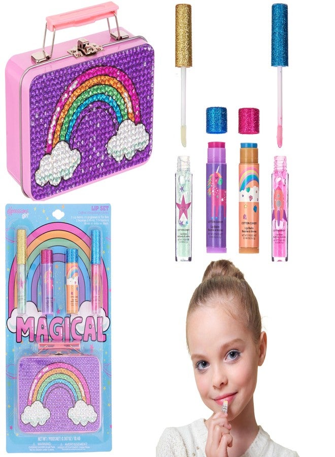 Expressions 5pc Rainbow Rhinestones Cosmetics Lip Kit For Kids w/Lip Glosses, Lip Balms & Tin Box Storage Case "Magical" Lip Set,Washable + Non Toxic - Image 1