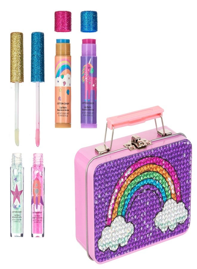 Expressions 5pc Rainbow Rhinestones Cosmetics Lip Kit For Kids w/Lip Glosses, Lip Balms & Tin Box Storage Case "Magical" Lip Set,Washable + Non Toxic - Image 3
