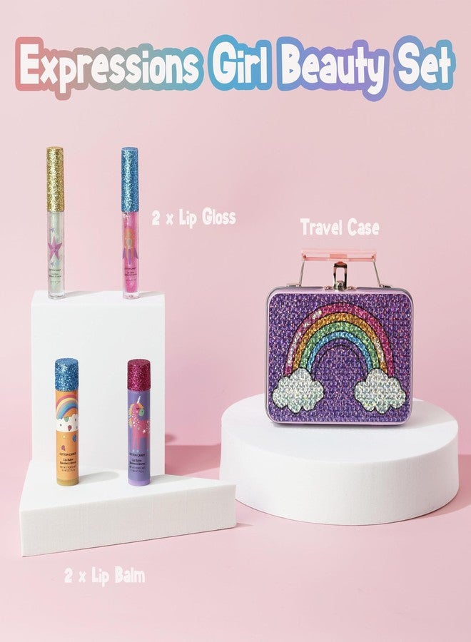 Expressions 5pc Rainbow Rhinestones Cosmetics Lip Kit For Kids w/Lip Glosses, Lip Balms & Tin Box Storage Case "Magical" Lip Set,Washable + Non Toxic - Image 5