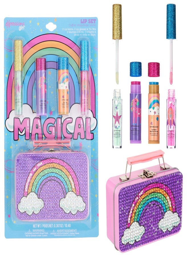 Expressions 5pc Rainbow Rhinestones Cosmetics Lip Kit For Kids w/Lip Glosses, Lip Balms & Tin Box Storage Case "Magical" Lip Set,Washable + Non Toxic - Image 2