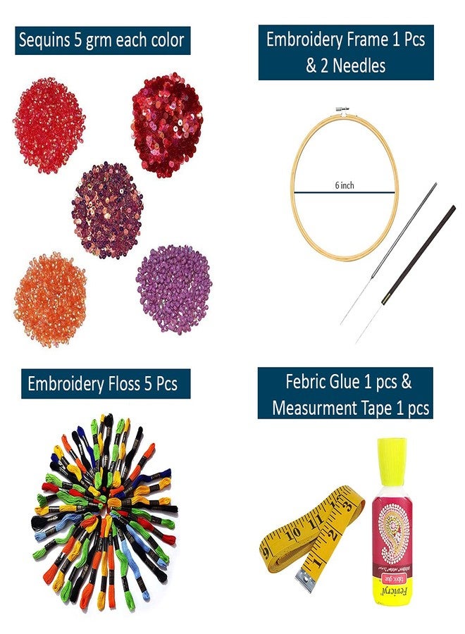 Dhruv Crafts Embroidery Beginners Kit Starter Kit for Beginners Embroidery Frame, Floss, Cutter, Glue & Measurement Tape Embroidery Needle & Sequins (10 Items) (Embroidery Beginners Kit, 6 Inches),Others, Multicolor - Image 2