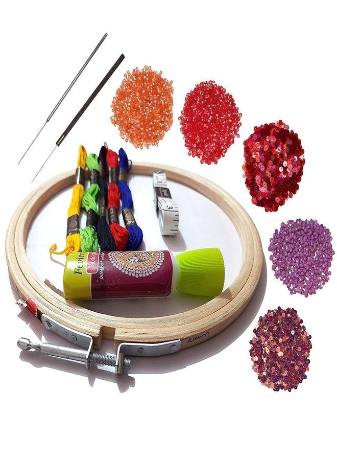 Dhruv Crafts Embroidery Beginners Kit Starter Kit for Beginners Embroidery Frame, Floss, Cutter, Glue & Measurement Tape Embroidery Needle & Sequins (10 Items) (Embroidery Beginners Kit, 6 Inches),Others, Multicolor - Image 1