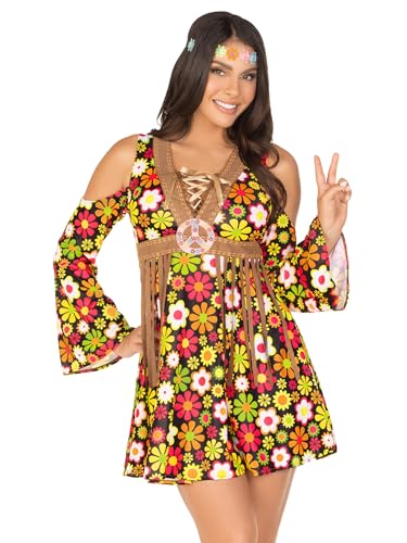 Leg Avenue Womens 2 Pc Starflower Hippie Costume with Cold Shoulder Floral Fringe Dress,flower Headband, MEDIUM, Multicolor - Image 5