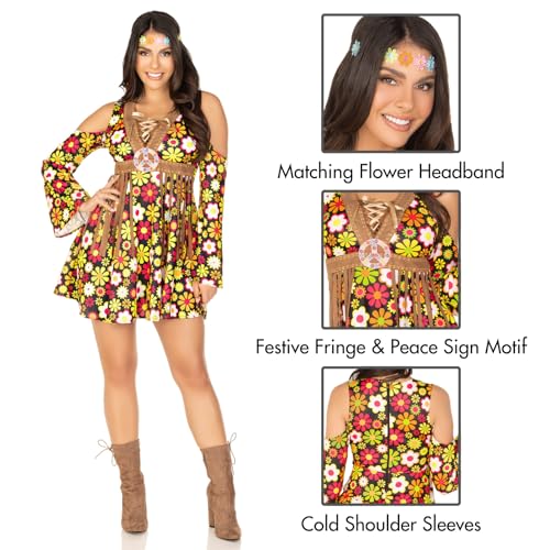 Leg Avenue Womens 2 Pc Starflower Hippie Costume with Cold Shoulder Floral Fringe Dress,flower Headband, MEDIUM, Multicolor - Image 4