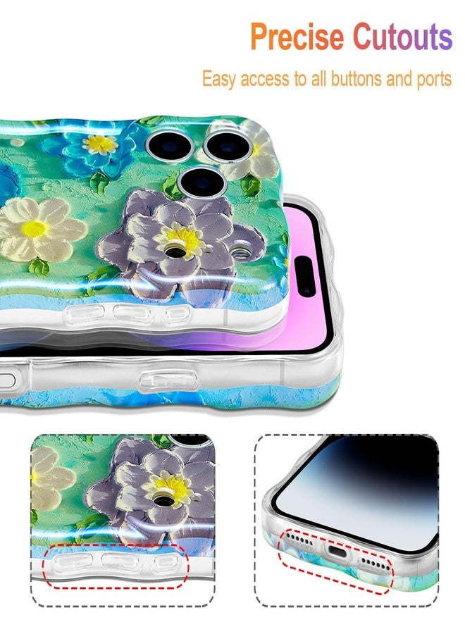 EYZUTAK جراب EYZUTAK لهاتف iPhone 17 Pro Max، بتصميم زهور ملونة بنمط ريترو مستوحى من اللوحات الزيتية، بنقشة ليزر لامعة وحواف مموجة أنيقة، غطاء هاتف رائع ومتين من مادة TPU، مناسب للفتيات والسيدات - أزرق بنفسجي - Image 5
