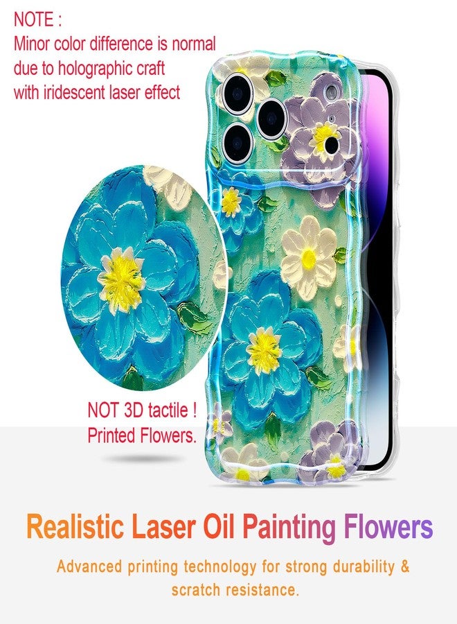 EYZUTAK جراب EYZUTAK لهاتف iPhone 17 Pro Max، بتصميم زهور ملونة بنمط ريترو مستوحى من اللوحات الزيتية، بنقشة ليزر لامعة وحواف مموجة أنيقة، غطاء هاتف رائع ومتين من مادة TPU، مناسب للفتيات والسيدات - أزرق بنفسجي - Image 2
