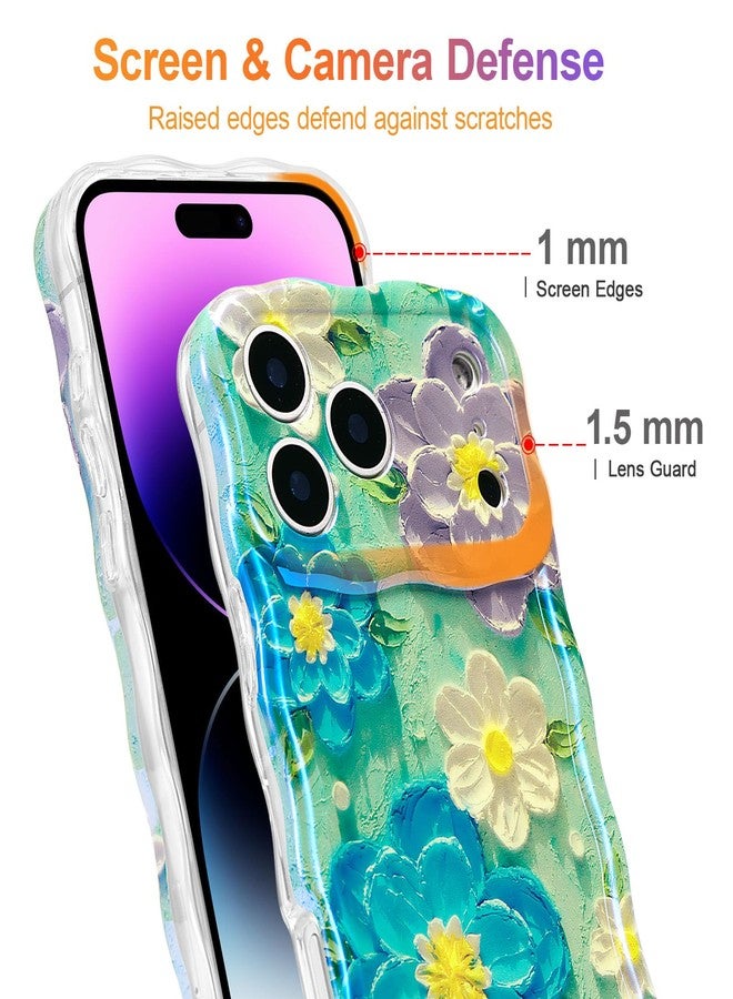 EYZUTAK جراب EYZUTAK لهاتف iPhone 17 Pro Max، بتصميم زهور ملونة بنمط ريترو مستوحى من اللوحات الزيتية، بنقشة ليزر لامعة وحواف مموجة أنيقة، غطاء هاتف رائع ومتين من مادة TPU، مناسب للفتيات والسيدات - أزرق بنفسجي - Image 4