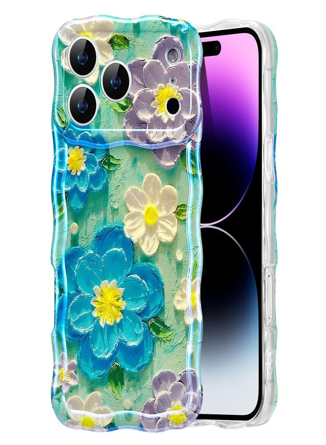 EYZUTAK جراب EYZUTAK لهاتف iPhone 17 Pro Max، بتصميم زهور ملونة بنمط ريترو مستوحى من اللوحات الزيتية، بنقشة ليزر لامعة وحواف مموجة أنيقة، غطاء هاتف رائع ومتين من مادة TPU، مناسب للفتيات والسيدات - أزرق بنفسجي - Image 1