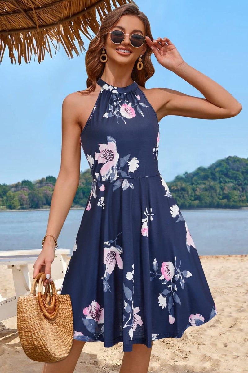OUGES Summer Dresses for Women Off Shoulder Floral Halter Neck Casual Sundress(Floral-40,S) - Image 2