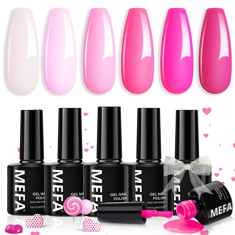MEFA Pink Gel Nail Polish Set 6 Colors, Hot Pink Shades Spring Neon Light Bright Magenta Electric Tones Craze Nail Art Design at Home DIY Decorations Manicure Kit Gifts for Women - Image 1