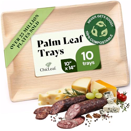 Chic Leaf Rectangular Palm Leaf Platter for Charcuterie Boards 10 x 14 Pack of 10 Natural Compostable Disposable Serving Trays EcoFriendly Platters for Serving Food