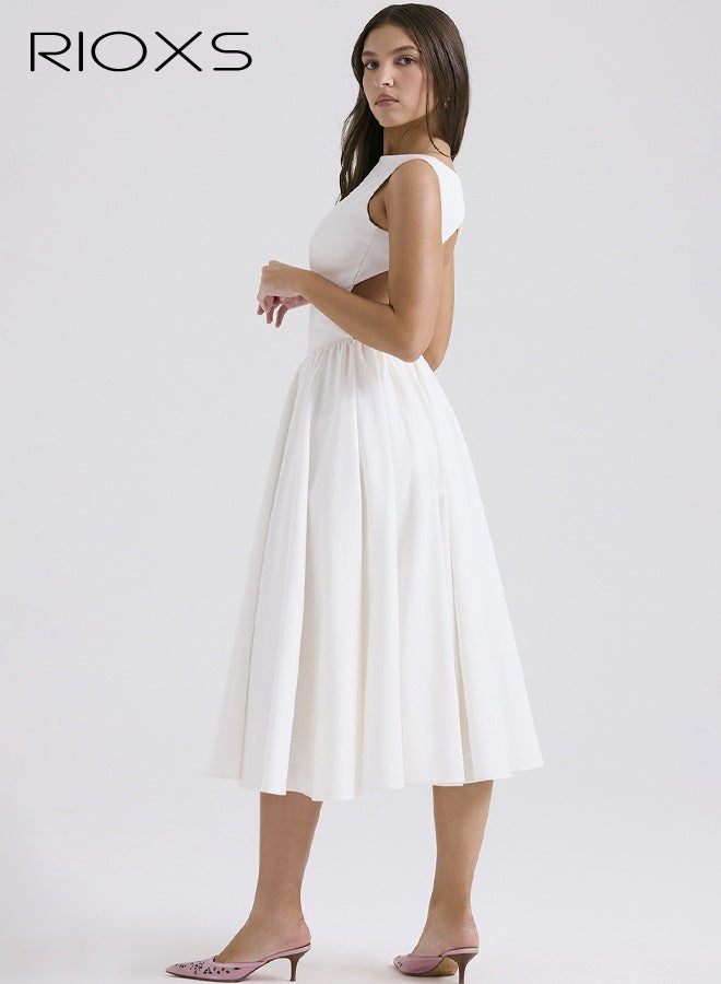 ريوكس فستان نسائي بدون ظهر بقصّة A، فستان صيفي أنيق بدون أكمام وذو خصر مطاطي مع سحاب للسيدات، فستان شاطئ متوسط الطول برقبة عريضة للعطلات/حفلات الزفاف/وصيفات العروس/الحفلات/المواعيد الغرامية، أبيض - Image 5