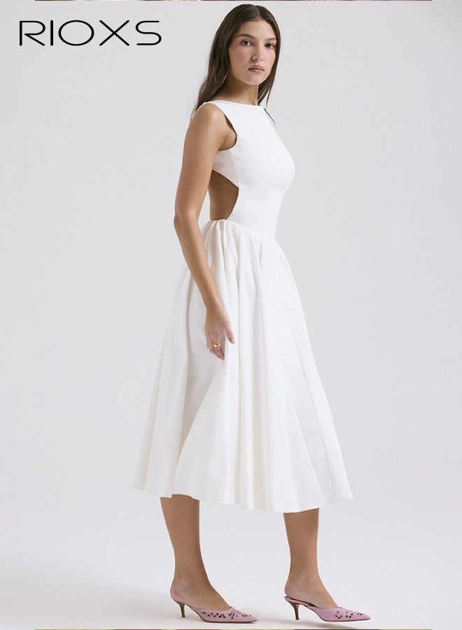 ريوكس فستان نسائي بدون ظهر بقصّة A، فستان صيفي أنيق بدون أكمام وذو خصر مطاطي مع سحاب للسيدات، فستان شاطئ متوسط الطول برقبة عريضة للعطلات/حفلات الزفاف/وصيفات العروس/الحفلات/المواعيد الغرامية، أبيض - Image 4