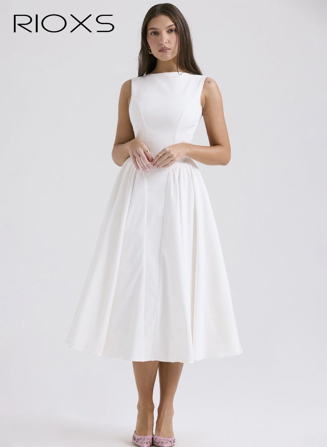 ريوكس فستان نسائي بدون ظهر بقصّة A، فستان صيفي أنيق بدون أكمام وذو خصر مطاطي مع سحاب للسيدات، فستان شاطئ متوسط الطول برقبة عريضة للعطلات/حفلات الزفاف/وصيفات العروس/الحفلات/المواعيد الغرامية، أبيض - Image 2