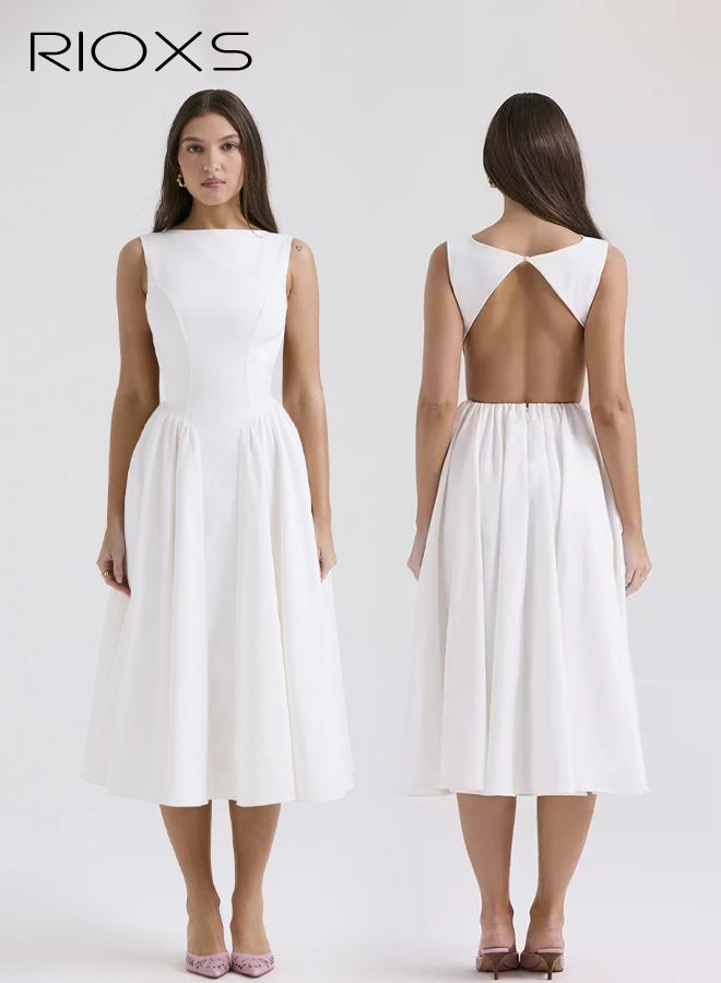 ريوكس فستان نسائي بدون ظهر بقصّة A، فستان صيفي أنيق بدون أكمام وذو خصر مطاطي مع سحاب للسيدات، فستان شاطئ متوسط الطول برقبة عريضة للعطلات/حفلات الزفاف/وصيفات العروس/الحفلات/المواعيد الغرامية، أبيض - Image 1