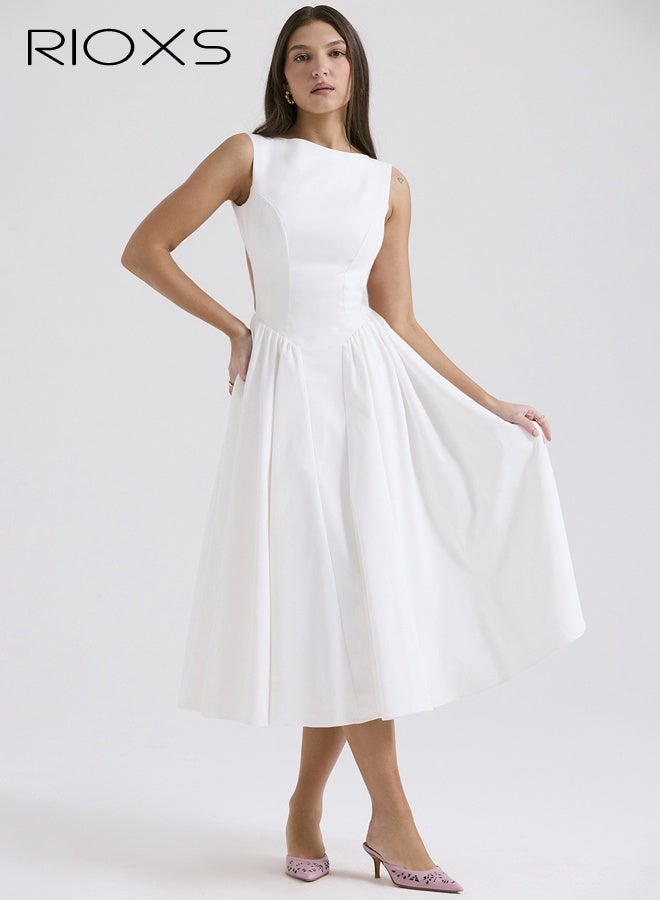 ريوكس فستان نسائي بدون ظهر بقصّة A، فستان صيفي أنيق بدون أكمام وذو خصر مطاطي مع سحاب للسيدات، فستان شاطئ متوسط الطول برقبة عريضة للعطلات/حفلات الزفاف/وصيفات العروس/الحفلات/المواعيد الغرامية، أبيض - Image 3