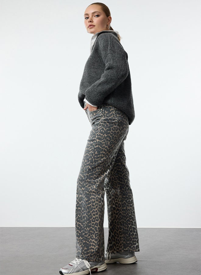 trendyol Multicolored Leopard Patterned Brown High Waist Wide Leg Jeans - Image 2