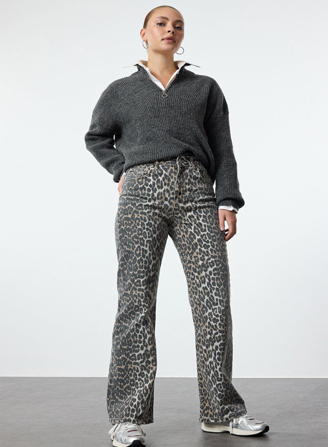 trendyol Multicolored Leopard Patterned Brown High Waist Wide Leg Jeans - Image 1