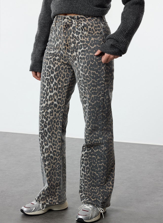 trendyol Multicolored Leopard Patterned Brown High Waist Wide Leg Jeans - Image 3