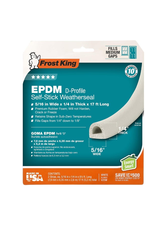 فروست كينج شريط عزل EPDM ذاتي اللصق بمقطع D أبيض 5/16 بوصة × 17 قدم V25WA - Image 1