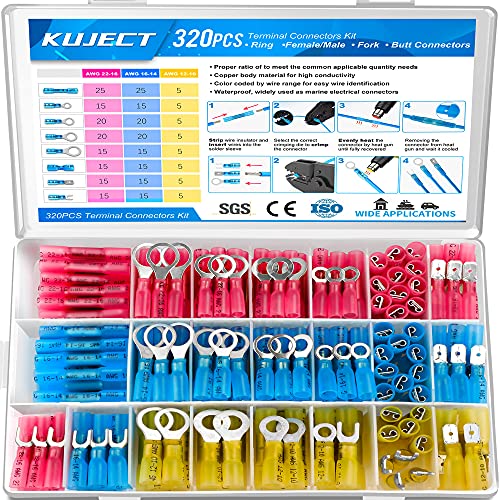 Kuject 320PCS Heat Shrink Wire Connectors Kit, Electrical Waterproof Crimp Butt Terminals, Insulated Spade Connectors for Automotive Marine Boat Truck, Include Rings Forks Spade Butt Splices - Image 1