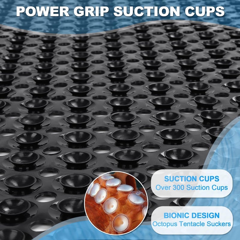 Linoows حصائر حوض الاستحمام والدش، 40x16 بوصة حصيرة استحمام كبيرة غير قابلة للانزلاق مع أكواب شفط وفتحات تصريف لحمام الأرضية والحفاظ على نظافة الأحواض، قابلة للغسل في الغسالة، سوداء - Image 3