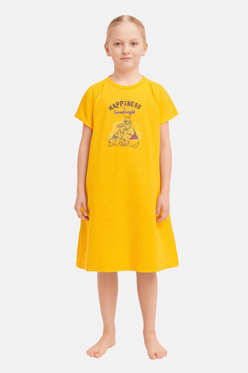 zivame Winnie The Pooh X Kids Girl Graphic Print Short Sleeve Sleeping Dress, Yellow - Image 1