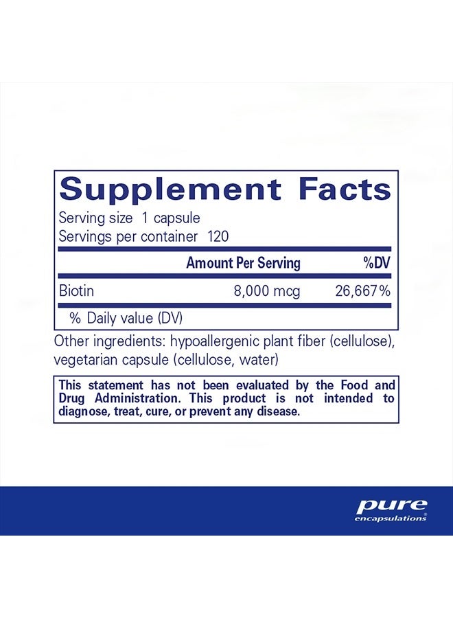 Pure Encapsulations Biotin 8 mg - B Vitamin Supplement to Aid Stress Relief, Hair, Skin & Nail Strengthening, Metabolism, Carbohydrate Support & Nervous System* - with Premium Biotin - 120 Capsules - Image 2