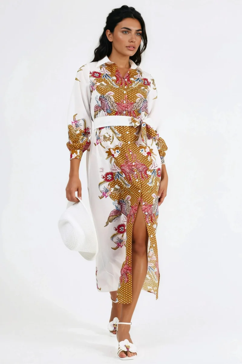 جينيفر Floral Belted Midi Dress