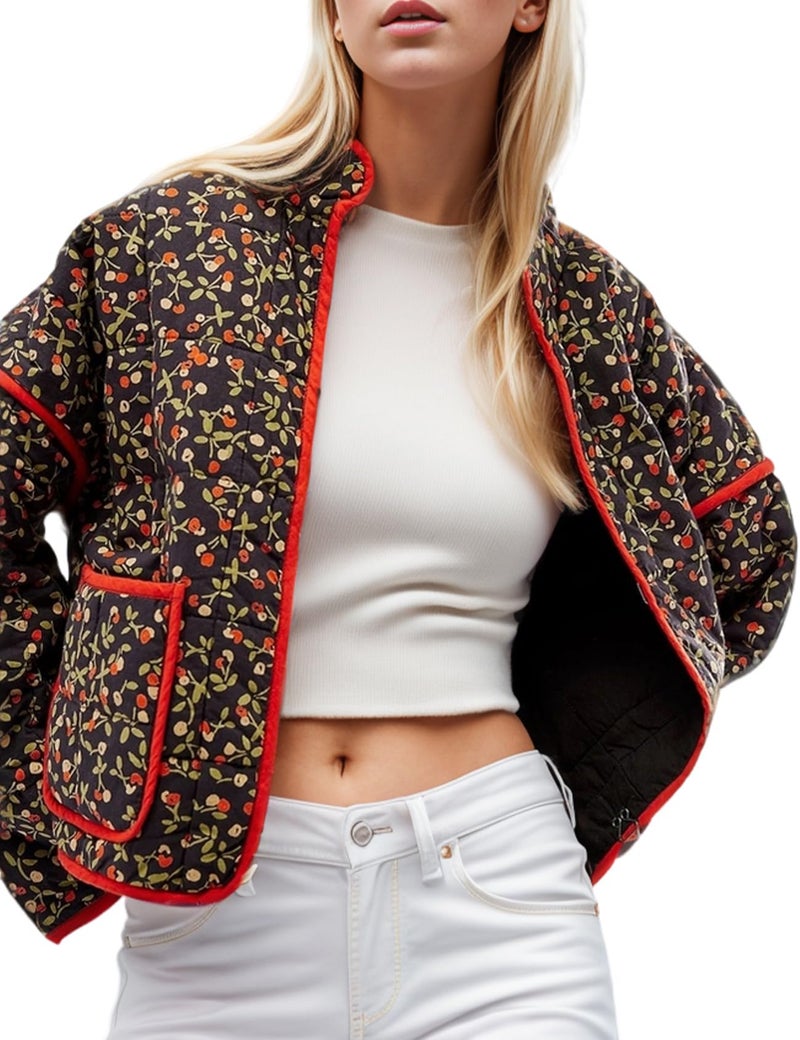 Yimoon Women's Cropped Puffer Quilted Jacket Vintage Floral Print Open Front Lightweight Short Jacket Outwear - Image 1