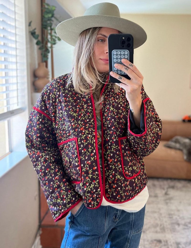 Yimoon Women's Cropped Puffer Quilted Jacket Vintage Floral Print Open Front Lightweight Short Jacket Outwear - Image 5