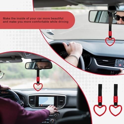 JRYEM 2PCS Heart Shaped Car Handle Straps, Rear Bumper Warning Keychain Ring Charm for Car Exterior Accessories (Red) - Image 4